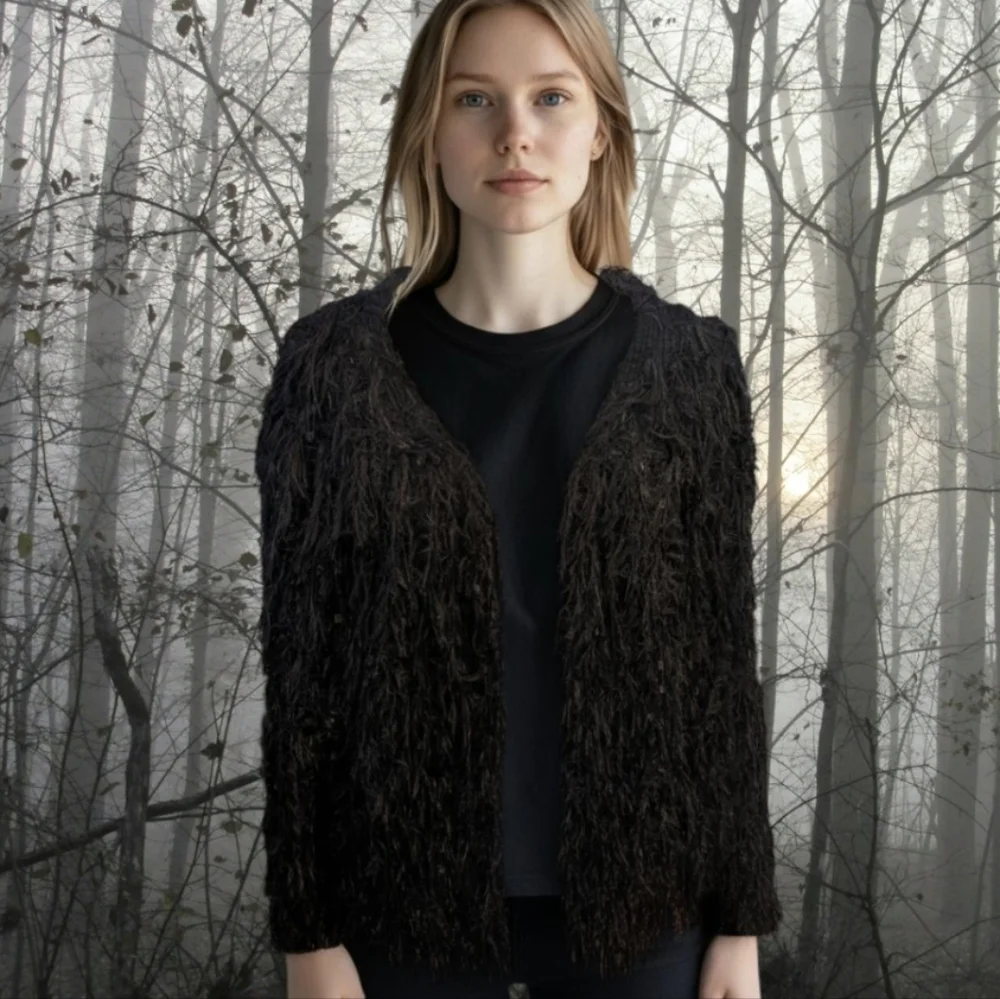 Bibi Shaggy Whimsigoth Witchy Dark Romantic Soft Black Cardigan Sweater Sz L - Picture 1 of 8
